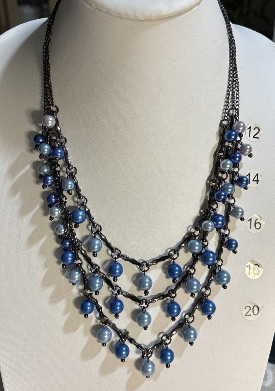 Blue Faux Pearl Layered Necklace Gunmetal Tone Triple Strand Beaded Statement